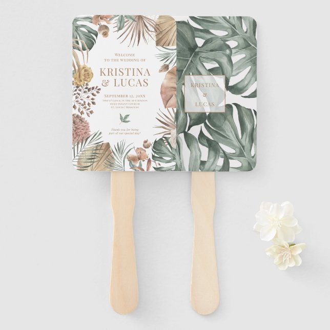 Tropical Oasis Monstera Destination Wedding Hand Fan (Front and Back)