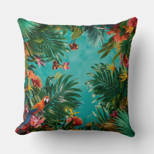 Tropical Oasis: Palm Leaves and Parrots Pillow 