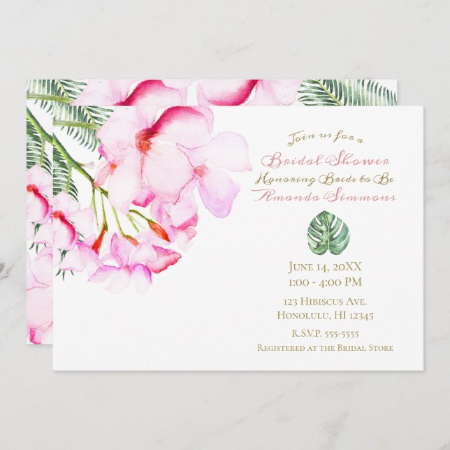 Tropical Oasis Pink Green Hawaiian Bridal Shower Invitation (Front/Back)