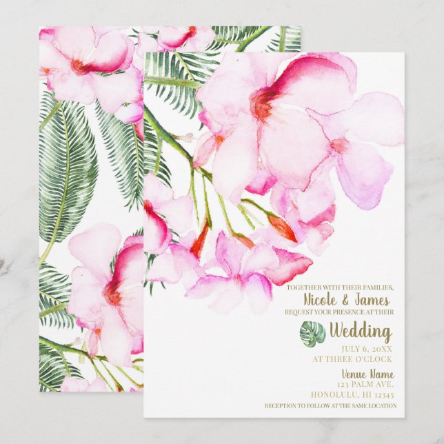 Tropical Oasis Pink Green Hawaiian Floral Wedding Invitation (Front/Back)