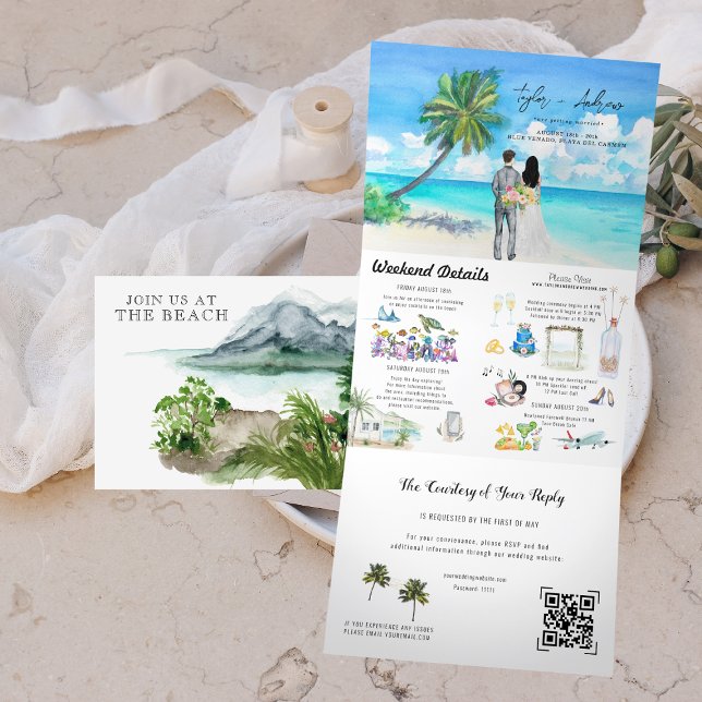 Tropical Ocean Beach | Illustrated Wedding Tri-Fold Invitation (Creator Uploaded)