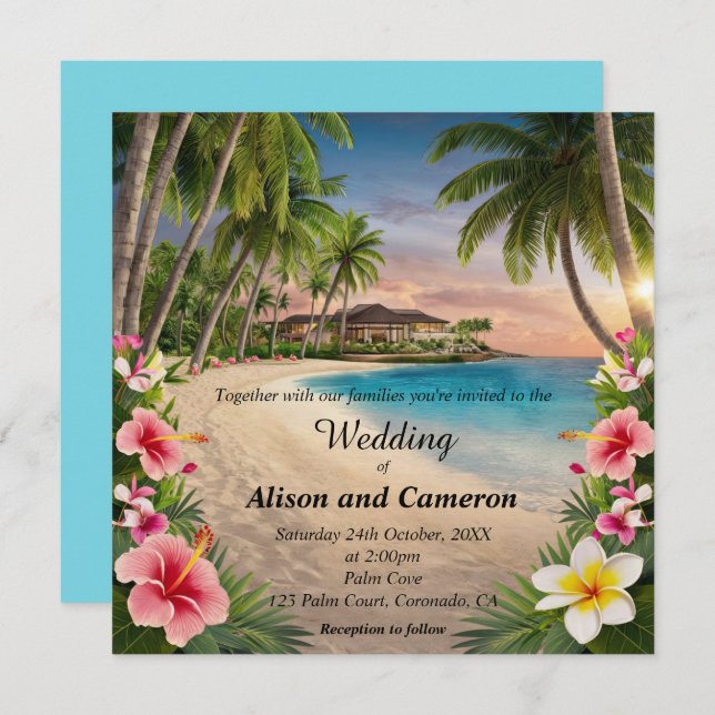 Tropical Ocean Beach Watercolor Wedding Invitation (Front/Back)