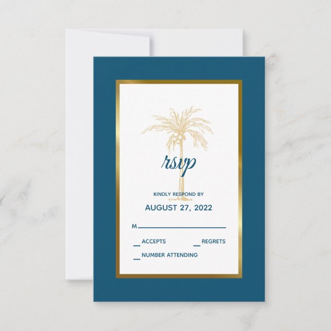 Tropical Ocean Blue Gold Palm Tree Beach Wedding RSVP Card (Front)