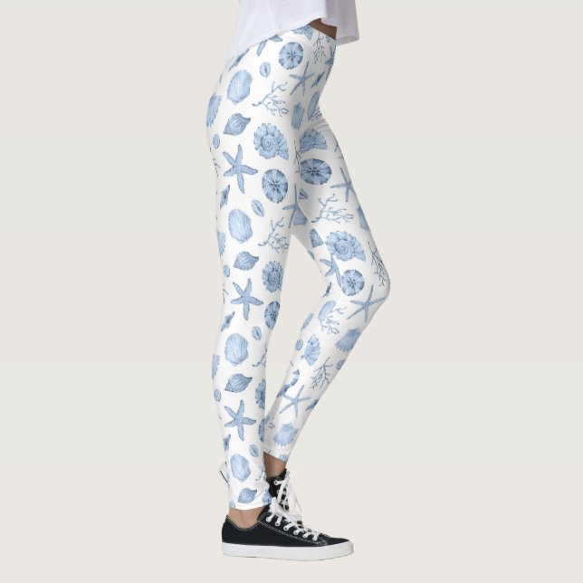 Tropical Ocean Blue Nautical Vintage Seashells Leggings (Right)