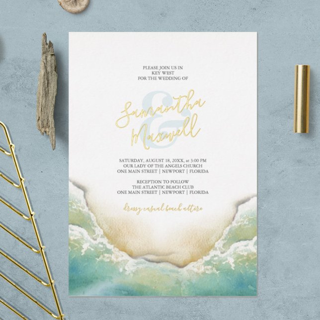 Tropical Ocean Blue Watercolor Shoreline Wedding (Beach wedding invitations watercolor shoreline art by Victoria Grigaliunas of Do Tell A Belle)