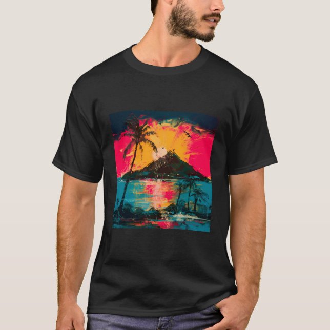 Tropical Ocean Landscape Palm Trees Sun Stylish St T-Shirt (Front)