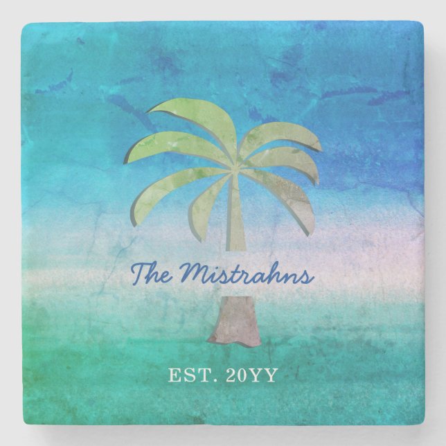 Tropical Ocean Palm Tree Summer Decor Distressed Stone Coaster (Front)