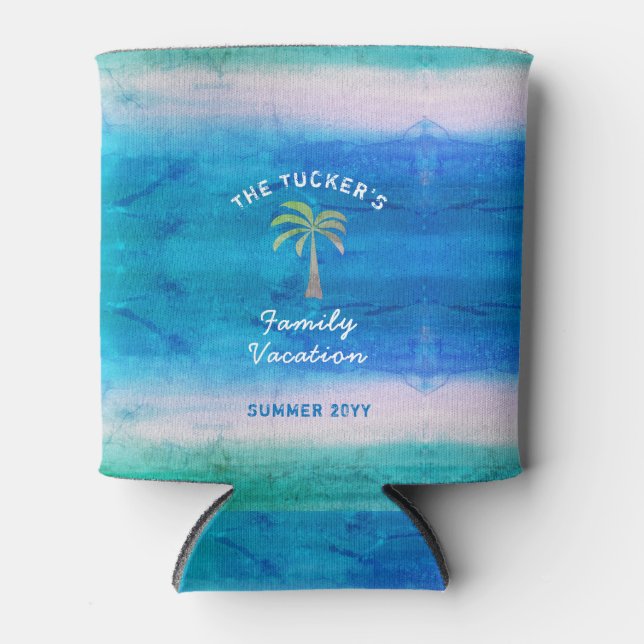 Tropical Ocean Palm Tree Summer Family Vacation Can Cooler (Front)