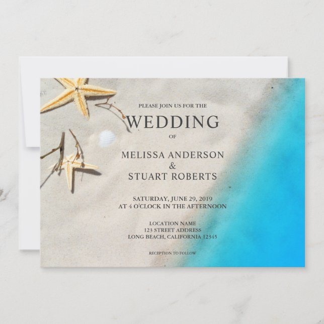 Tropical ocean sand starfish summer beach wedding invitation (Front)