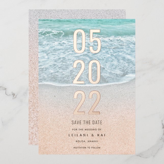 Tropical Ocean & Sandy Beach Save the Date Foil In (Front/Back)