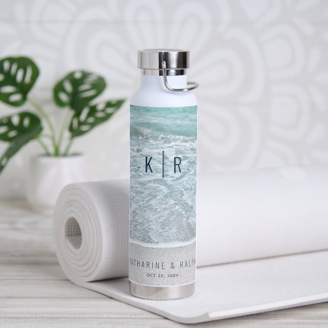 Tropical Ocean & Sandy Beach Wedding Monogram Water Bottle (Yoga)