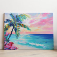 Tropical Ocean Sunset Art, Palm Tree