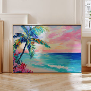 Tropical Ocean Sunset Art, Palm Tree Poster