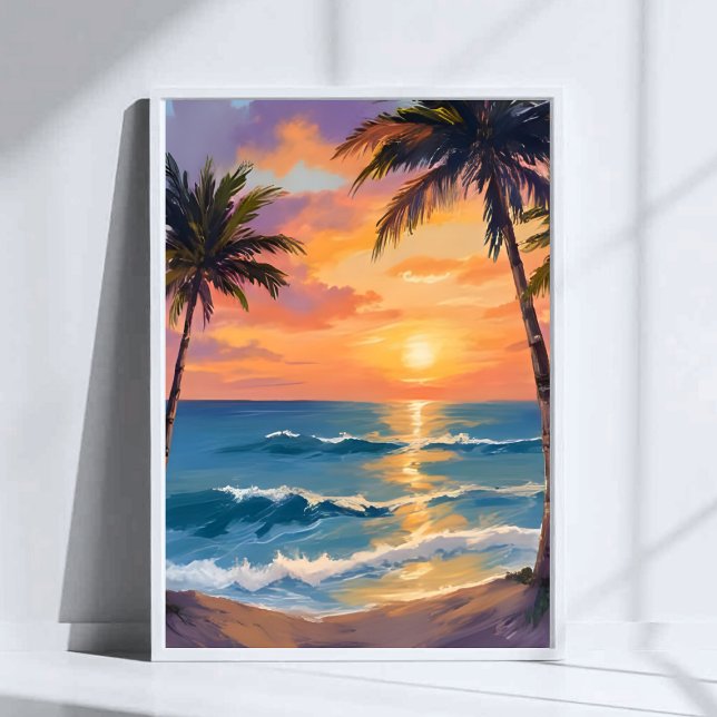 Tropical Ocean Sunset Palm Tree Watercolor Poster (Creator Uploaded)