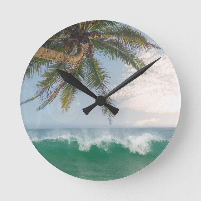Tropical Ocean Wave and Coconut Palm Tree Round Clock (Front)