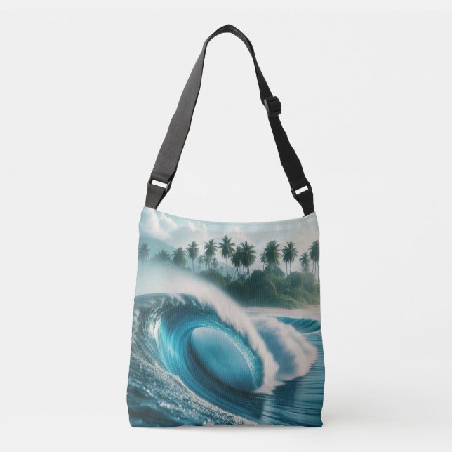 Tropical Ocean Wave Crescendo Palm Trees Crossbody Bag (Front)