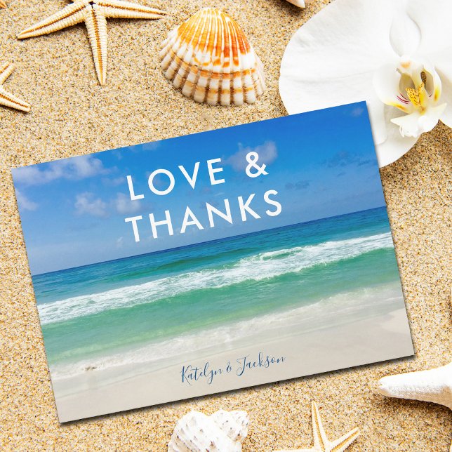 Tropical Ocean Waves Love & Thanks Beach Wedding Thank You Card (Creator Uploaded)