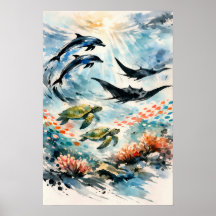 Tropical Ocean Wildlife Watercolor Art