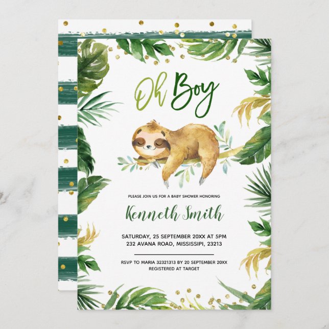 Tropical Oh Boy Sloth Baby Shower Invitation (Front/Back)