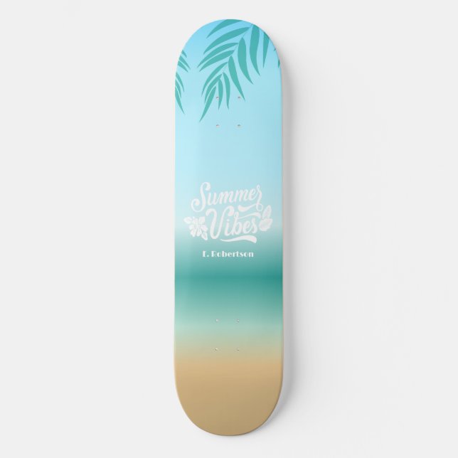 Tropical Ombre Beach Summer Vibes Monogram Skateboard (Front)