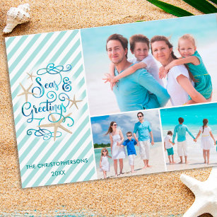 Tropical or Nautical SEAsons Greetings   Stripe Holiday Card