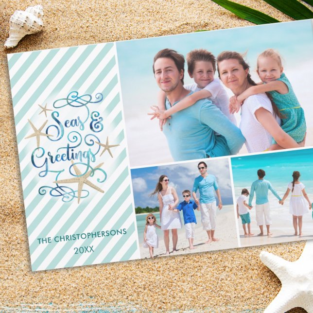 Tropical or Nautical SEAsons Greetings | Stripe Holiday Card