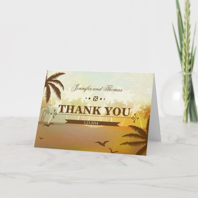 Tropical Orang Scenic Beach Wedding Thank You Card (Front)