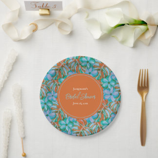 Tropical Orange and Blue Floral Bridal Shower Paper Plate