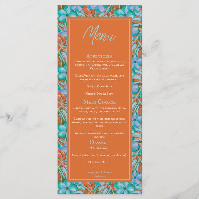 Tropical Orange and Blue Floral Wedding Menu (Front)