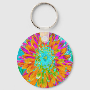Tropical Orange and Hot Pink Decorative Dahlia Key Ring