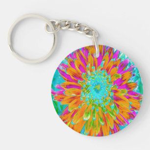 Tropical Orange and Hot Pink Decorative Dahlia Key Ring