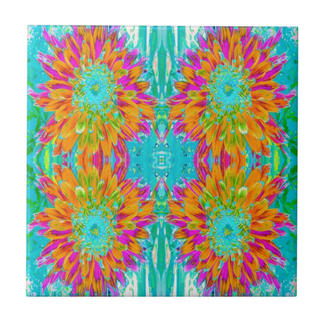 Tropical Orange and Hot Pink Decorative Dahlia Tile (Front)