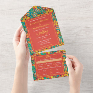 Tropical Orange and Yellow Floral Wedding All In One Invitation