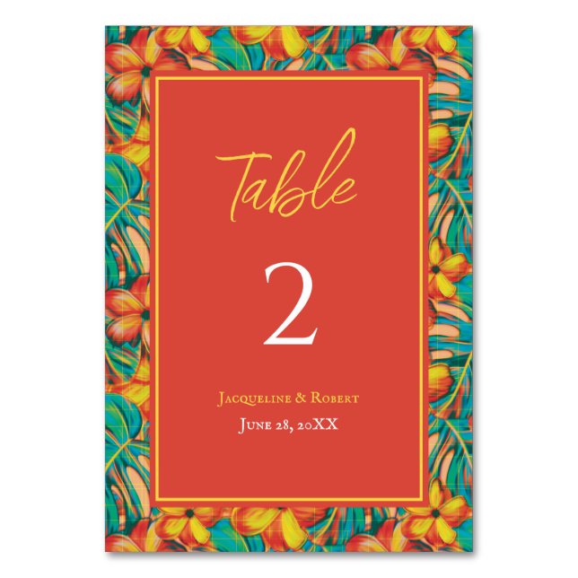 Tropical Orange and Yellow Floral Wedding Table Number (Front)