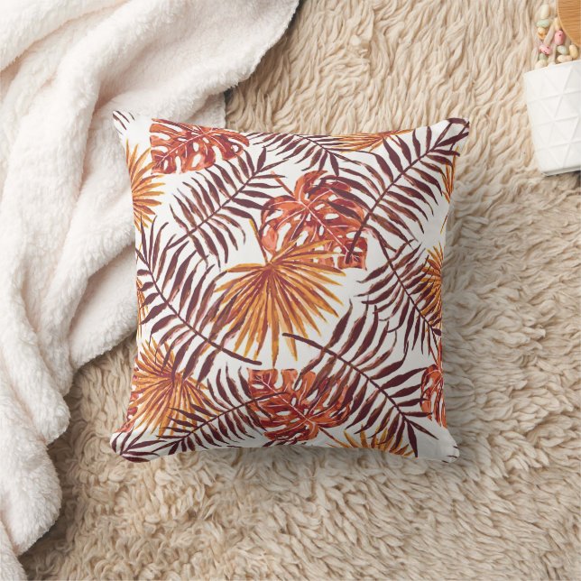 Tropical Orange Brown Palm Leaves Watercolor Art Cushion (Blanket)