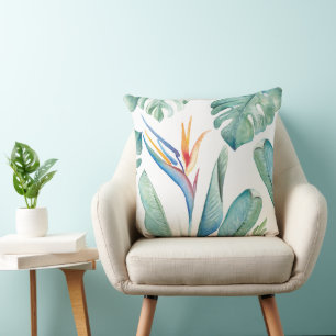 Tropical Orange Flower Botanicals and Greenery Cushion