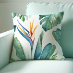 Tropical Orange Flower Botanicals and Greenery Cushion<br><div class="desc">My pillows features a replica of my original hand painted watercolor tropical foliage and florals in shades of greens and blues and a pop of orange in the bird of paradise flower. A botanical yet organic choice for summer, vacation and beach homes. To see more palm leaves designs by Victoria...</div>