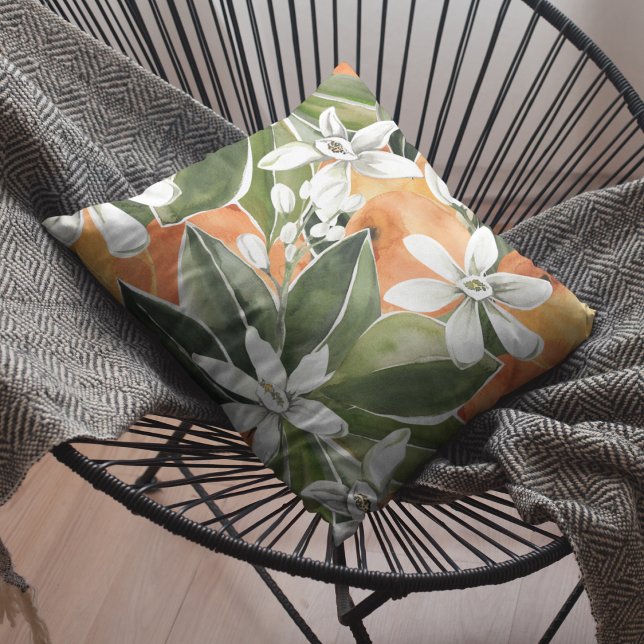 Tropical Orange & Flowers Watercolor Pattern Cushion (Creator Uploaded)