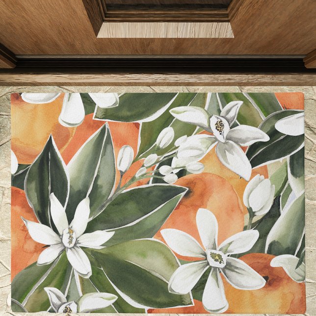 Tropical Orange & Flowers Watercolor Pattern Doormat (Creator Uploaded)