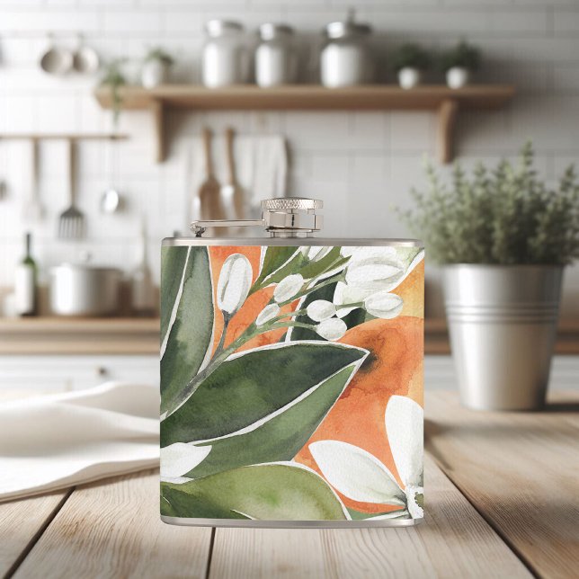 Tropical Orange & Flowers Watercolor Pattern Hip Flask (Creator Uploaded)