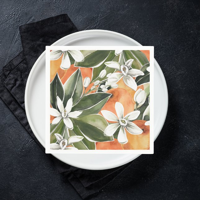 Tropical Orange & Flowers Watercolor Pattern Napkin (Creator Uploaded)