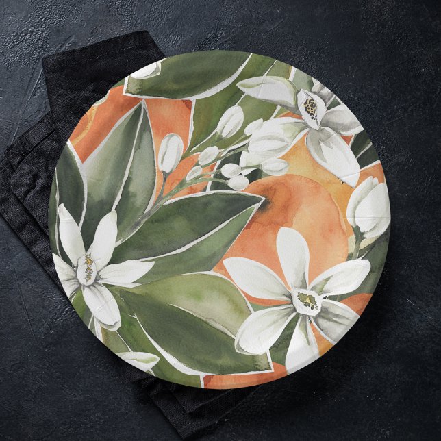 Tropical Orange & Flowers Watercolor Pattern Paper Plate (Creator Uploaded)