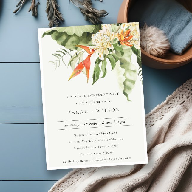 Tropical Orange Green Leafy Botanical Engagement  Invitation (Creator Uploaded)