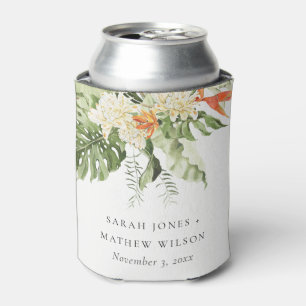 Tropical Orange Green Leafy Botanical Wedding Can Cooler