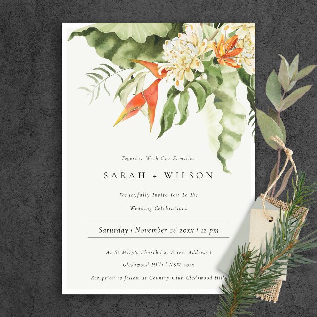Tropical Orange Green Leafy Botanical Wedding Invitation (Creator Uploaded)