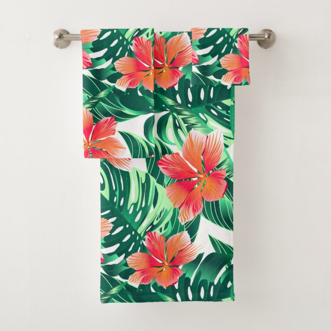Tropical orange hibiscus bath towel set (Insitu)