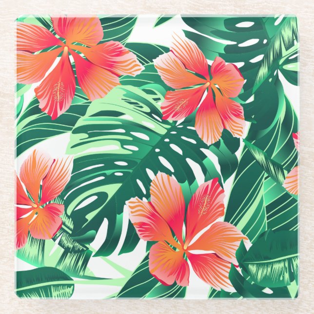 Tropical orange hibiscus glass coaster (Front)