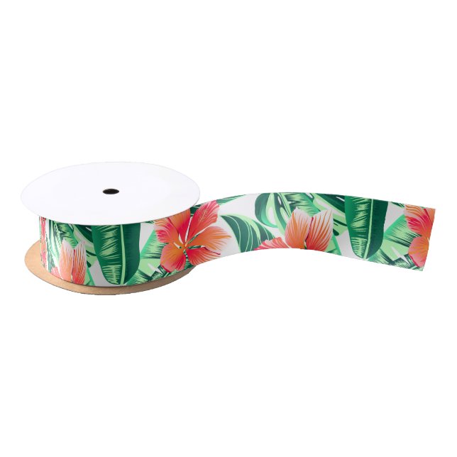 Tropical orange hibiscus satin ribbon (Spool)