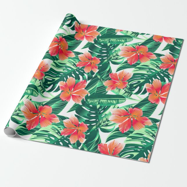 Tropical orange hibiscus wrapping paper (Unrolled)