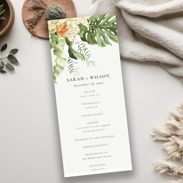 Tropical Orange Leafy Botanical Wedding Program Invitation (Creator Uploaded)